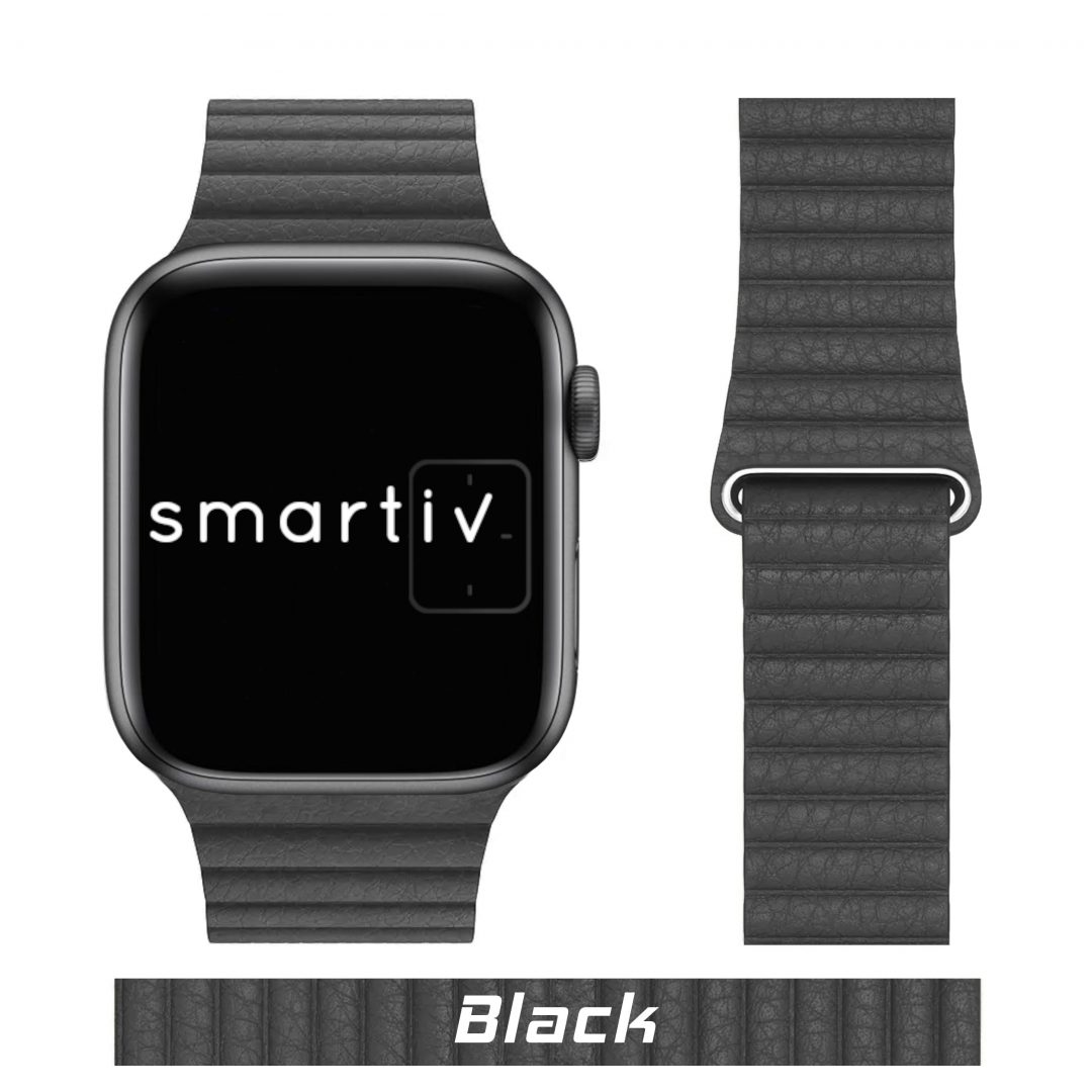 Leather Link Apple Watch Strap Black Colour Face View