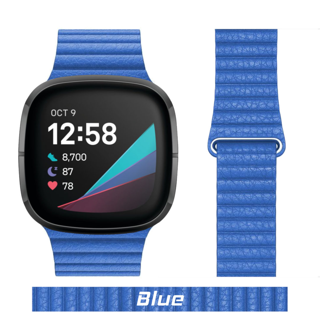 Leather Link Fitbit Watch Strap Blue Colour Face View