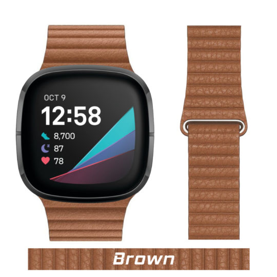 Leather Link Fitbit Watch Strap Brown Colour Face View