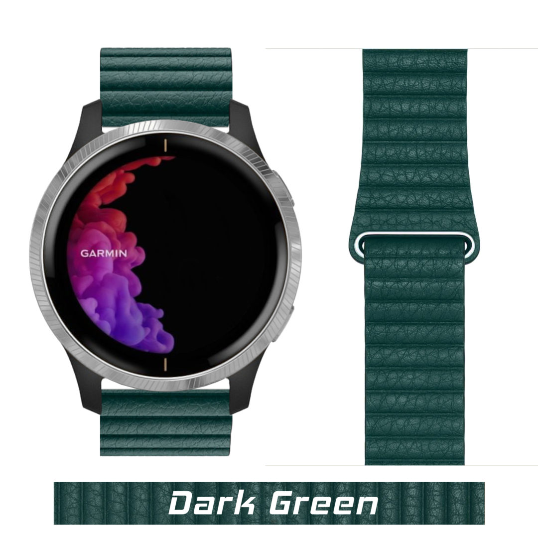Leather Link Garmin Watch Strap Dark Green Colour Face View