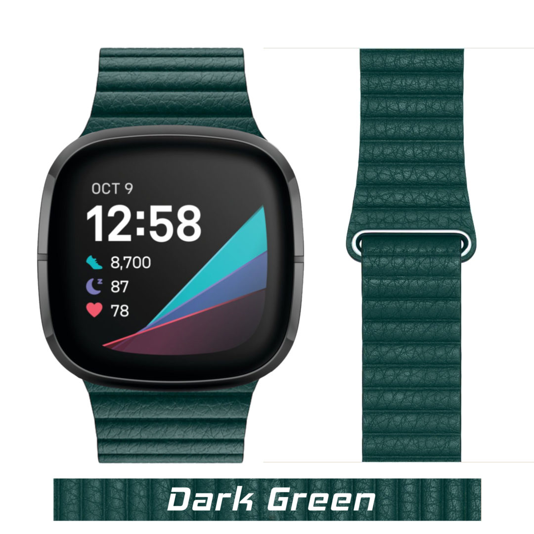 Leather Link Fitbit Watch Strap Dark Green Colour Face View