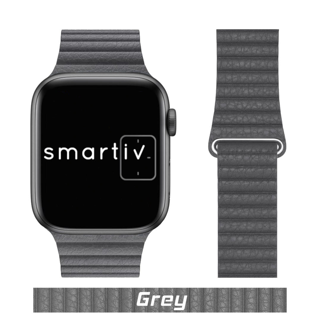 Leather Link Apple Watch Strap Grey Colour Face View
