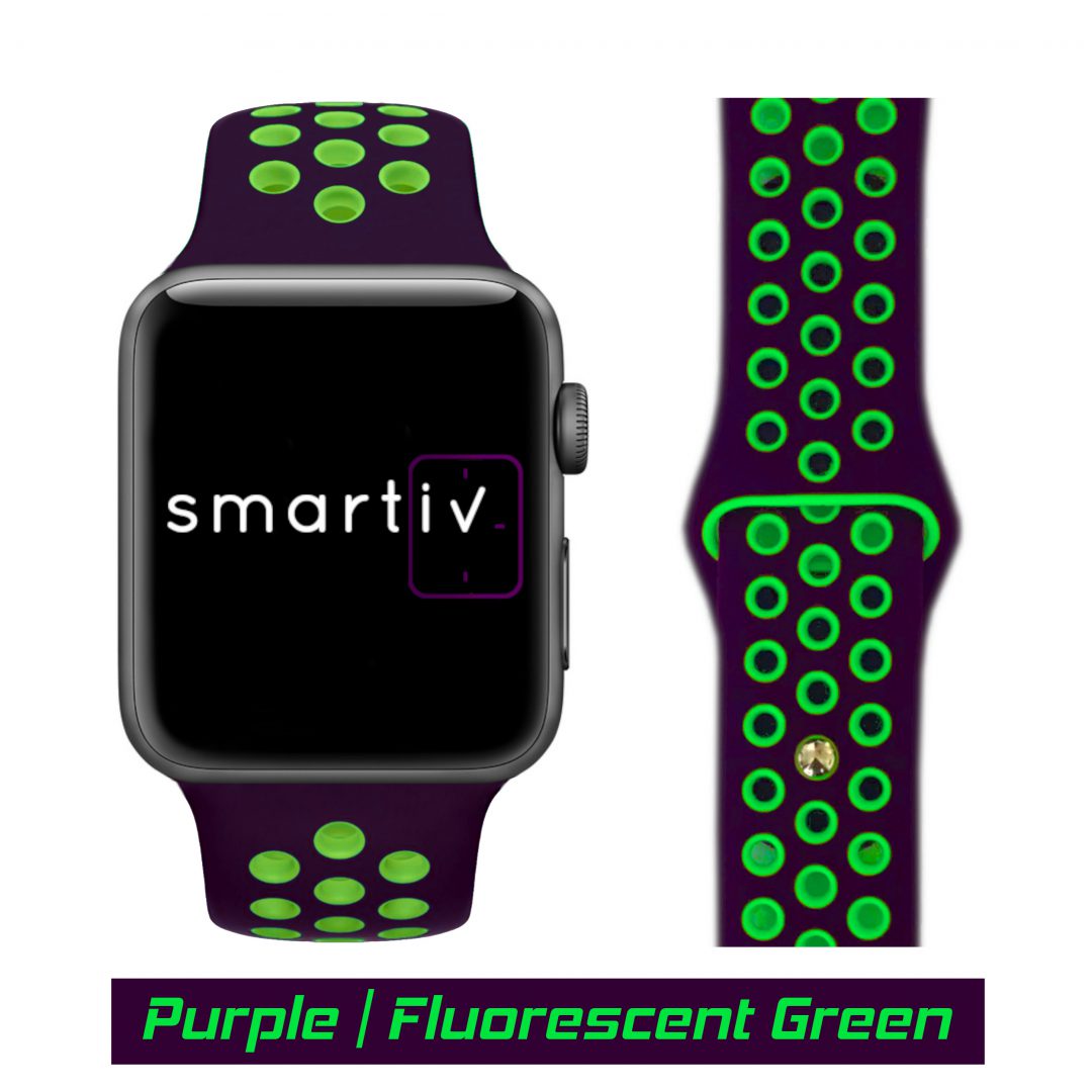 Sport Band Active Apple Watch Purple/Fluorescnt Green Colour Face View