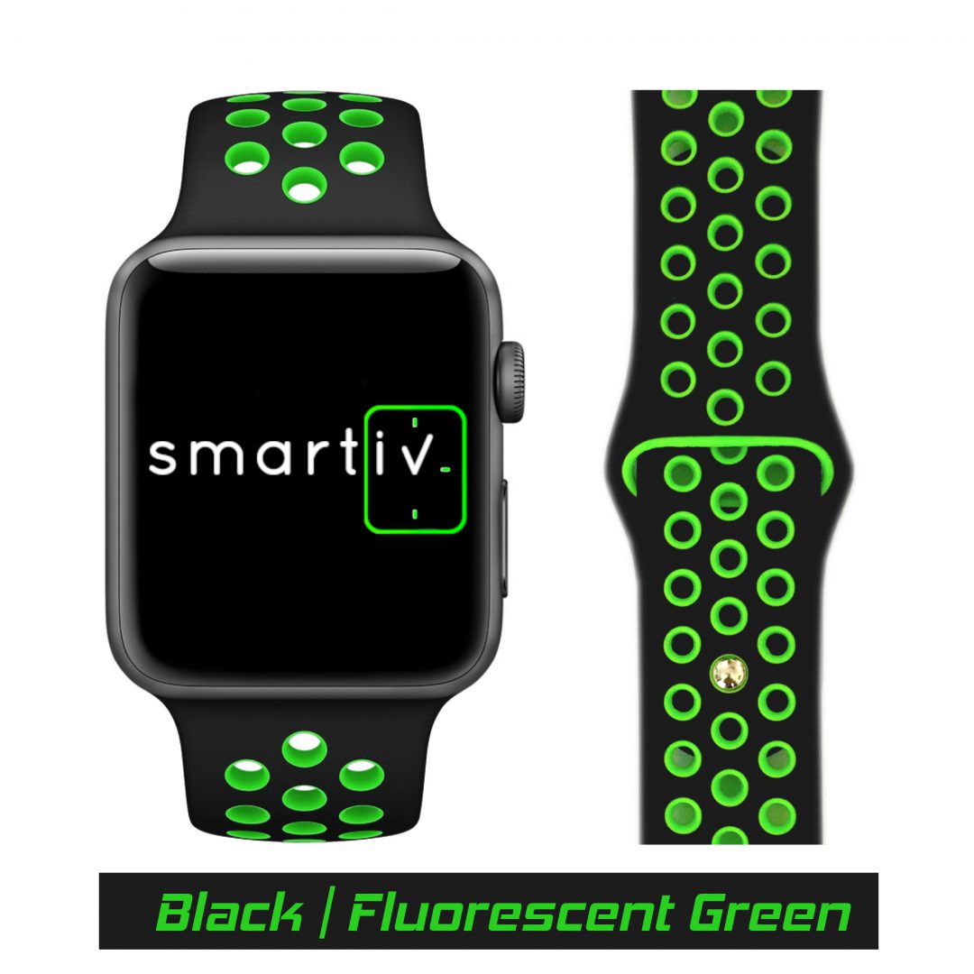 Sport Band Active Apple Watch Black/Fluorescent Green Colour Face View