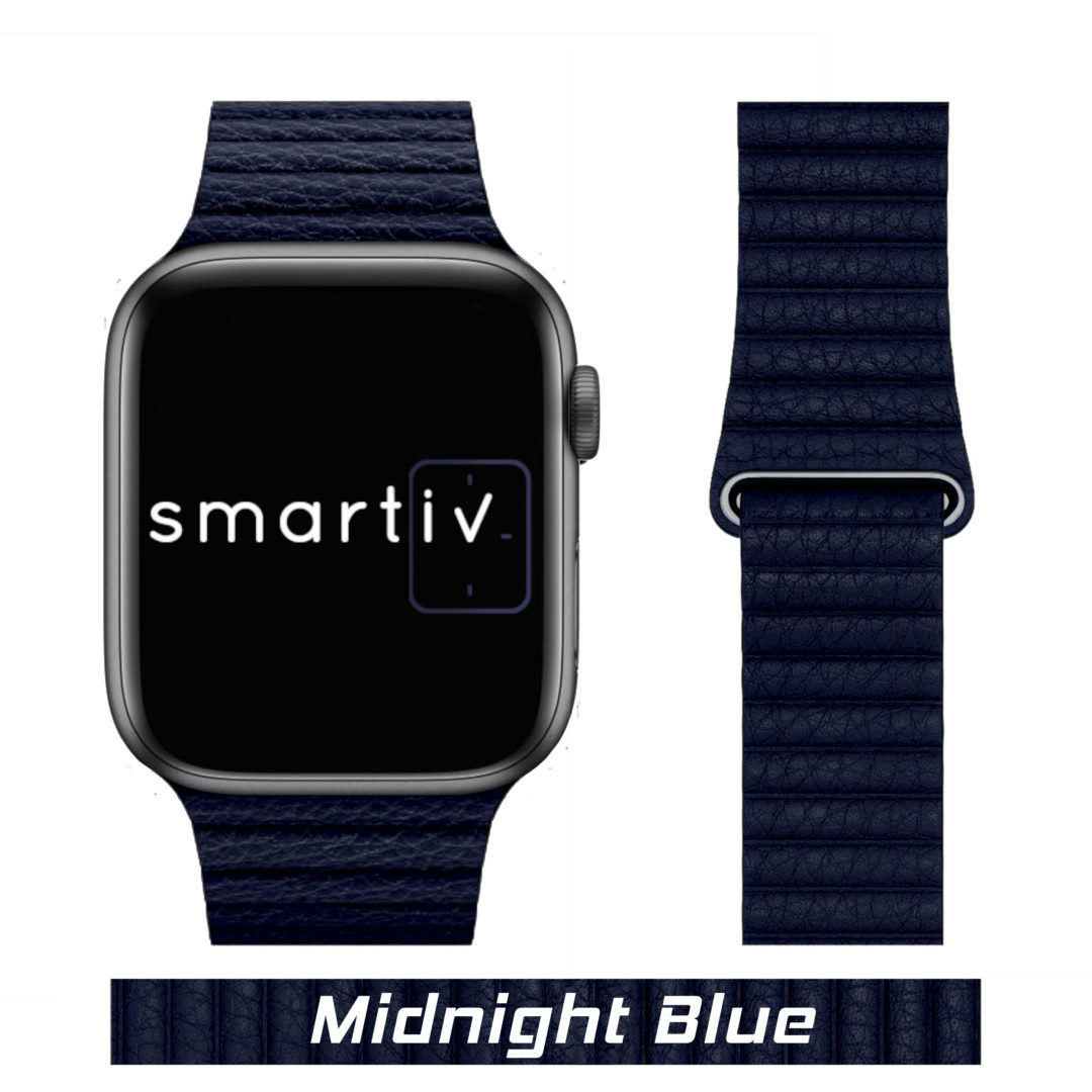 Leather Link Apple Watch Strap Midnight Blue Colour Face View