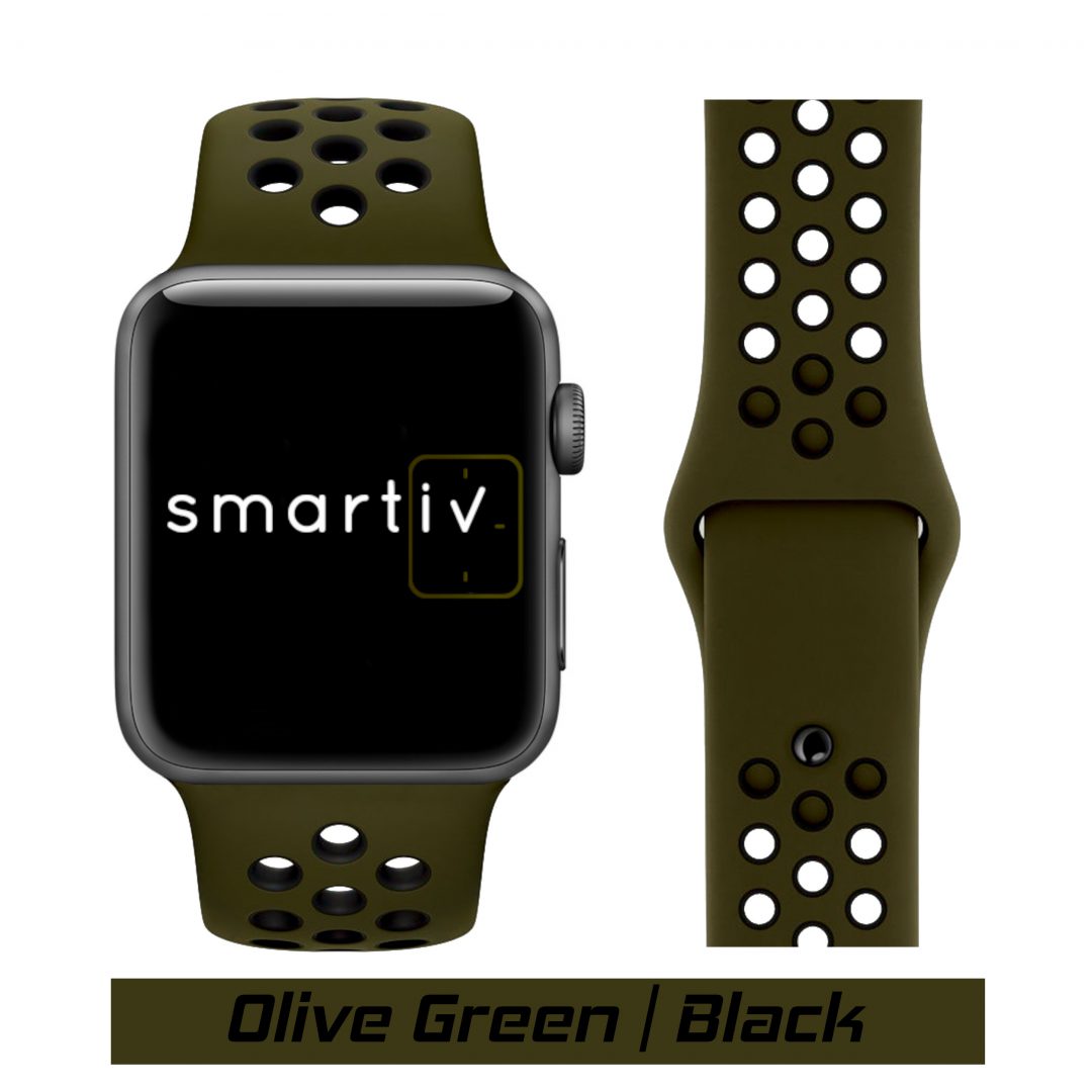 Sport Band Active Apple Watch Olive Green/Black Colour Face View