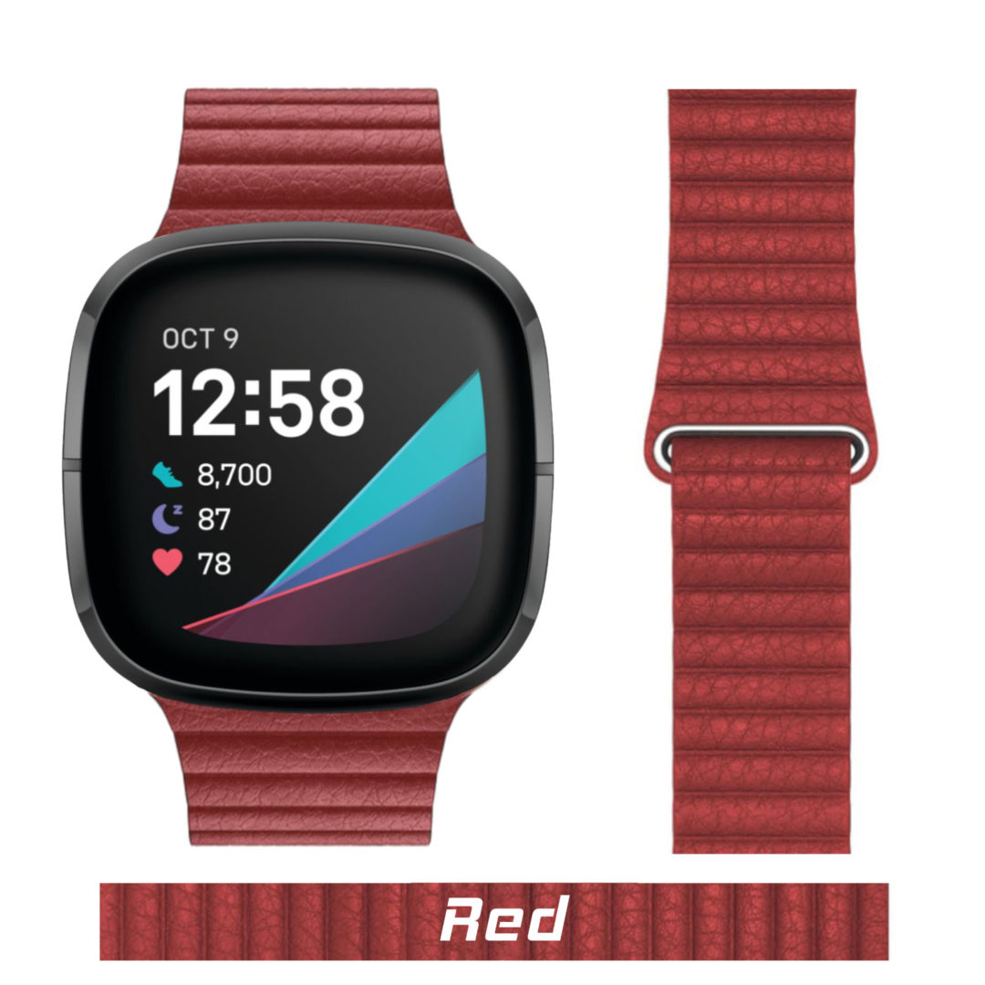 Leather Link Fitbit Watch Strap Red Colour Face View
